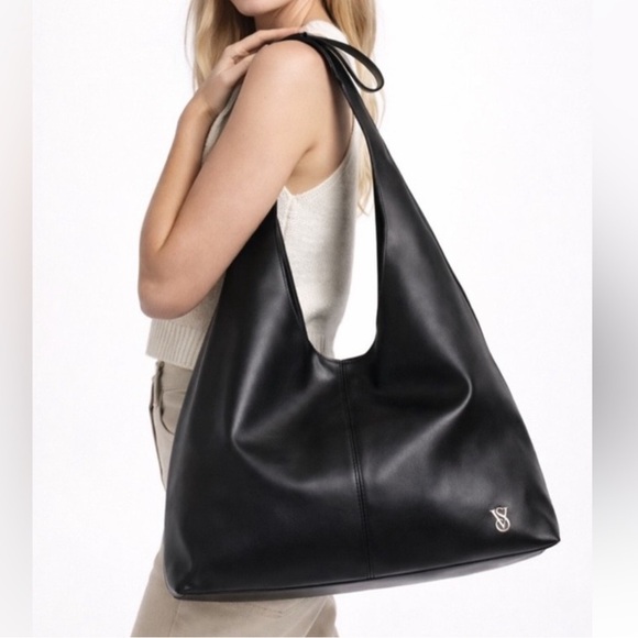Victoria's Secret Sleek Black Hobo Tote Bag Faux Leather NEW - Picture 3 of 5